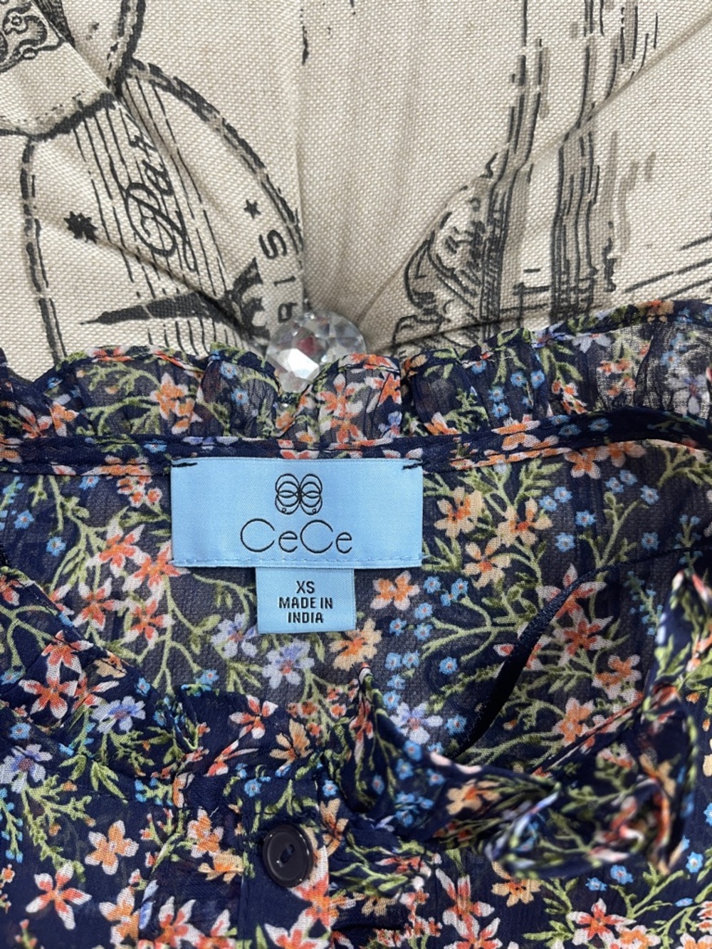 CeCe Navy Floral Button-Front Top with Ruffle Trim - Picture 2 of 10